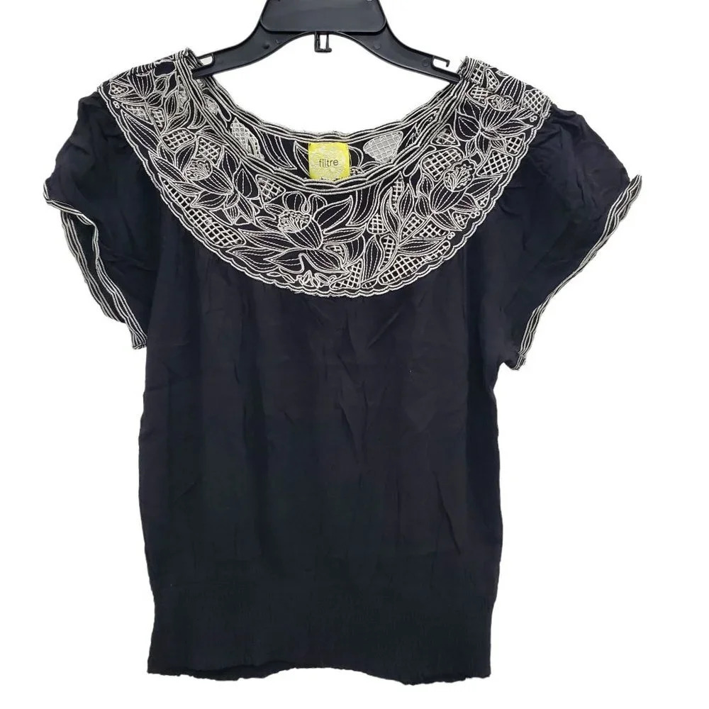 Filtre Women's Black White Doily‎ Lace Detail Flutter Sleeve Blouse Size S